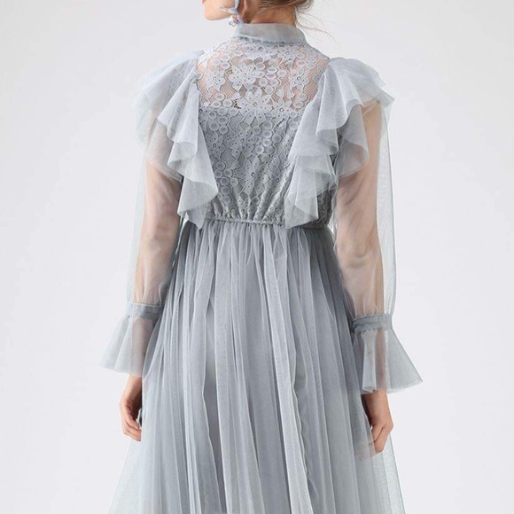 Chicwish Floral and Ruffle Bowknot Tulle Dress in Dusty Blue - Picture 7 of 7